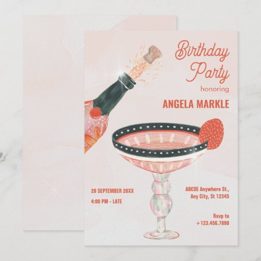 champagneglas en flesverjaardagsfeestje kaart (Voorkant / Achterkant)