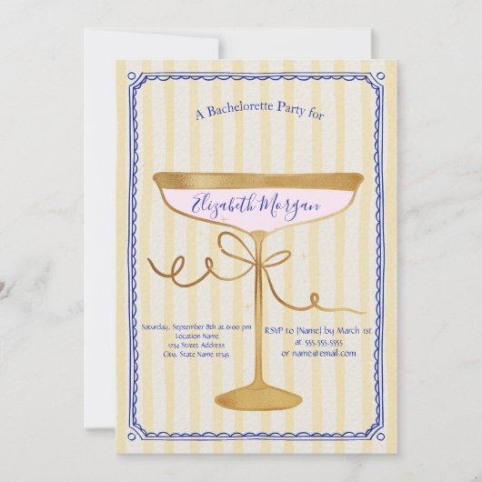 Champagneglas Gele Strepen Bachelorette Kaart (Voorkant)