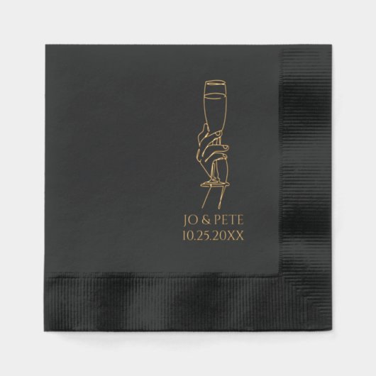 Champagneglas gepersonaliseerde naam en trouwdatum folie servetten (Voorkant)