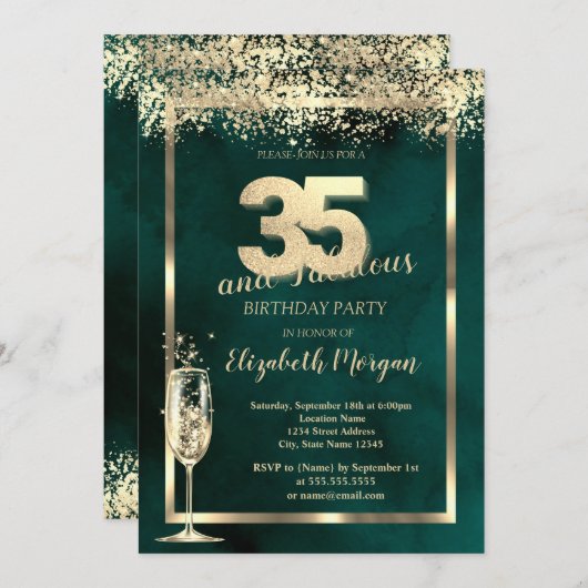 Champagneglas Goud Confetti Groen 35e Verjaardag Kaart (Voorkant / Achterkant)