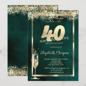 Champagneglas Goud Confetti Groen 40e Verjaardag Kaart (Voorkant / Achterkant)