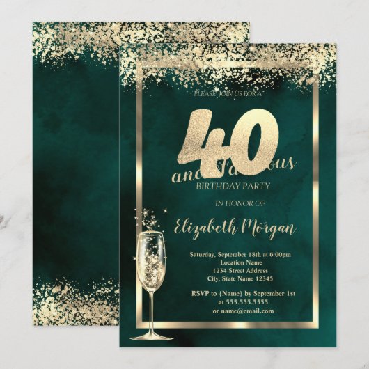 Champagneglas Goud Confetti Groen 40e Verjaardag Kaart (Voorkant / Achterkant)
