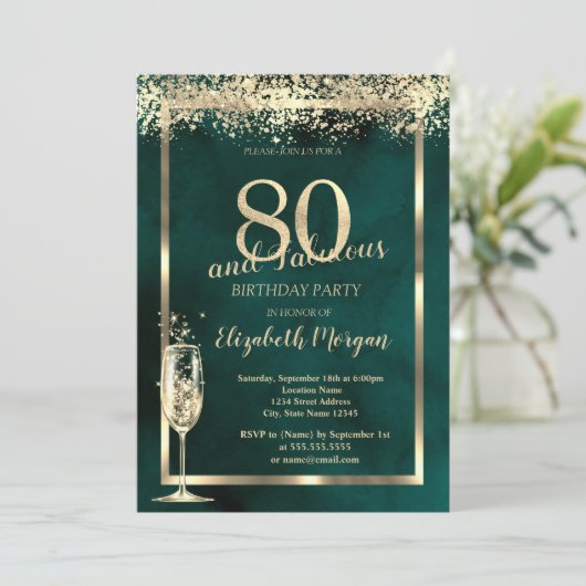 Champagneglas Goud Confetti Groen 80e Verjaardag Kaart (Staand voorkant)