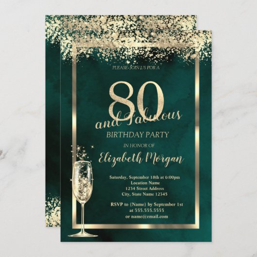 Champagneglas Goud Confetti Groen 80e Verjaardag Kaart (Voorkant / Achterkant)