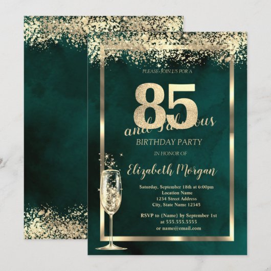 Champagneglas Goud Confetti Groen 85e Verjaardag Kaart (Voorkant / Achterkant)