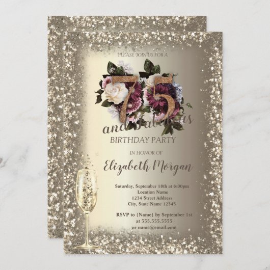 Champagneglas Goud Confetti Lijst Bloemen 75e Kaart (Voorkant / Achterkant)