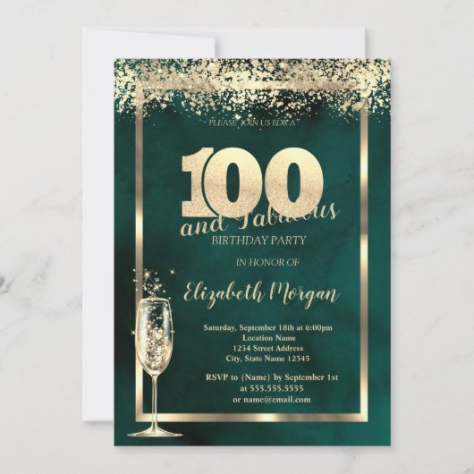 Champagneglas Gouden Confetti Groen 100ste Verjaar Kaart (Voorkant)