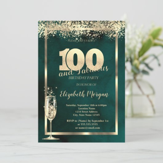 Champagneglas Gouden Confetti Groen 100ste Verjaar Kaart (Staand voorkant)