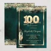 Champagneglas Gouden Confetti Groen 100ste Verjaar Kaart (Voorkant / Achterkant)