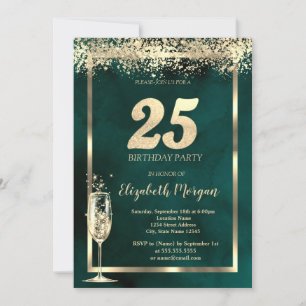 Champagneglas Gouden Confetti Groen 25e Verjaardag Kaart