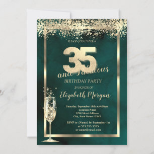 Champagneglas Gouden Confetti Groen 35e Verjaardag Kaart