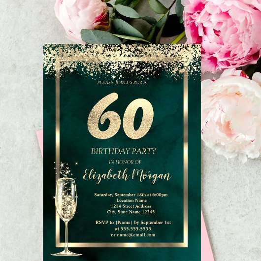 Champagneglas Gouden Confetti Groen 60e Verjaardag Kaart