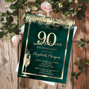 Champagneglas Gouden Confetti Groen 90e Verjaardag Kaart