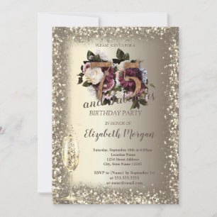 Champagneglas Gouden Confetti Lijst Bloemig 75ste Kaart