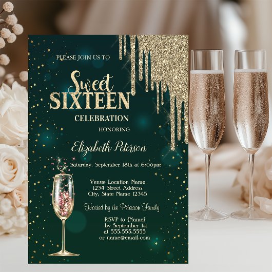 Champagneglas, Gouden Glitterdruppels, Sterren Swe Kaart