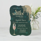 Champagneglas, Gouden Glitterdruppels, Sterren Swe Kaart (Staand voorkant)