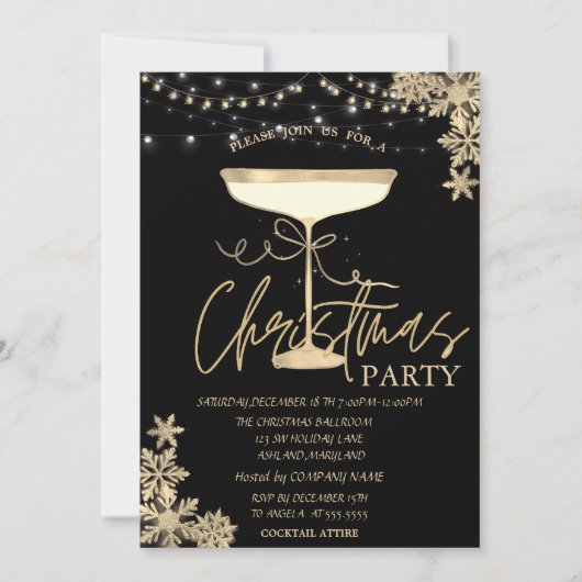 Champagneglas Sneeuwvlokken Kerstbedrijf Kaart (Voorkant)