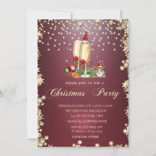 Champagneglas, sterren kabouters kerstfeest kaart (Voorkant)