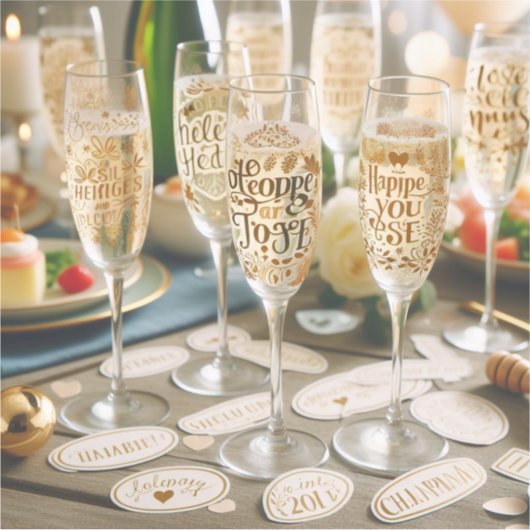 Champagneglas stickers met feestelijke boodschappe (Voorkant)