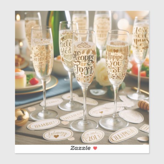 Champagneglas stickers met feestelijke boodschappe (Vel)