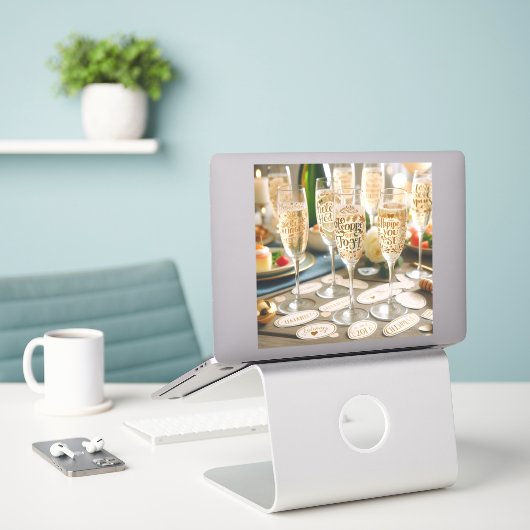 Champagneglas stickers met feestelijke boodschappe (Laptop op bureau)