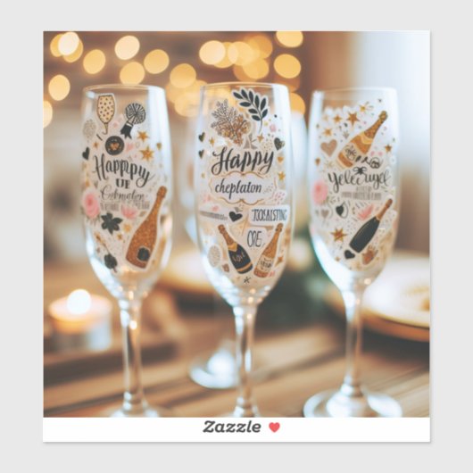 Champagneglas stickers met feestelijke boodschappe (Vel)