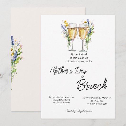 Champagneglas Wildflower Moederdag Brunch Kaart (Voorkant / Achterkant)