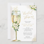 Champagneglas Wit & Goud Bloemen Vrijgezellenfeest Kaart (Voorkant)