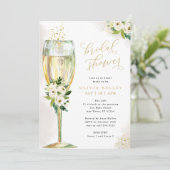 Champagneglas Wit & Goud Bloemen Vrijgezellenfeest Kaart (Staand voorkant)