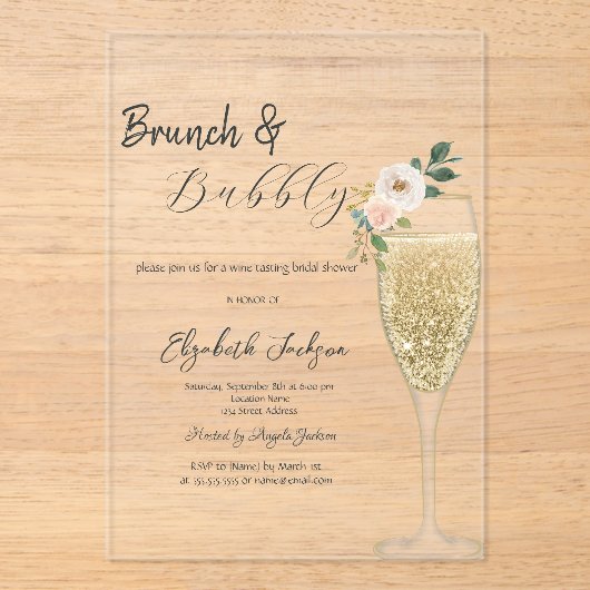 Champagneglas Witte Bloem Brunch & Bubble Acryl Uitnodigingen (Voorkant)