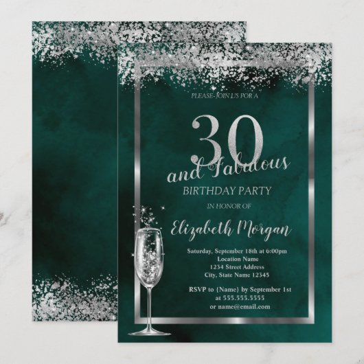 Champagneglas Zilver Confetti Groen 30ste Kaart (Voorkant / Achterkant)