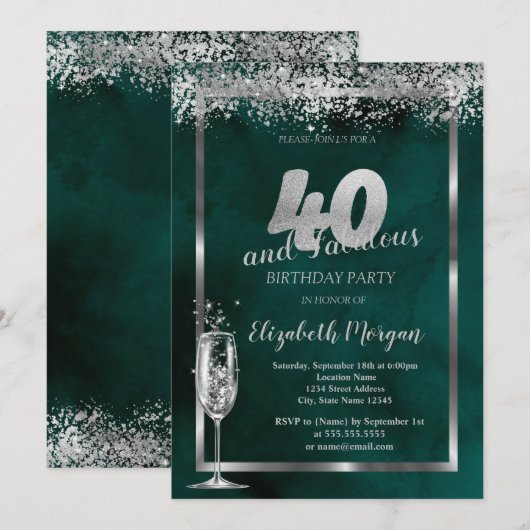 Champagneglas Zilver Confetti Groen 40ste Kaart (Voorkant / Achterkant)