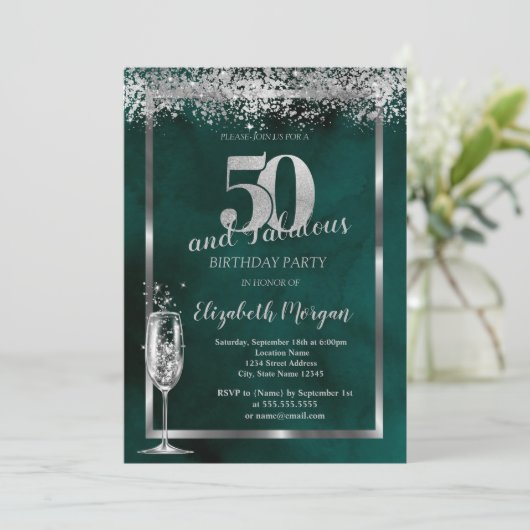 Champagneglas Zilver Confetti Groen 50ste Kaart (Staand voorkant)