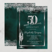 Champagneglas Zilver Confetti Groen 50ste Kaart (Voorkant / Achterkant)