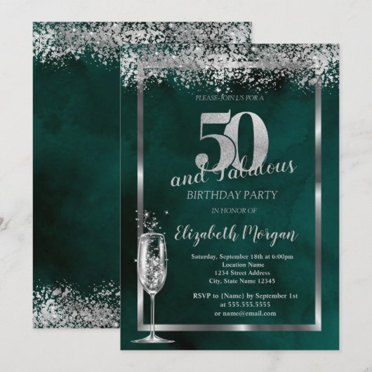 Champagneglas Zilver Confetti Groen 50ste Kaart (Voorkant / Achterkant)