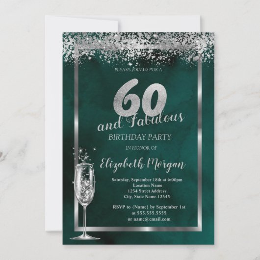 Champagneglas Zilver Confetti Groen 60ste Kaart (Voorkant)