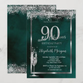 Champagneglas Zilver Confetti Groen 90ste Kaart (Voorkant / Achterkant)