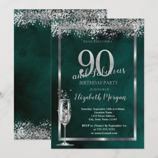 Champagneglas Zilver Confetti Groen 90ste Kaart (Voorkant / Achterkant)