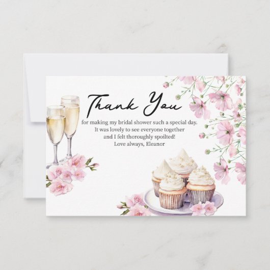 Champagneglazen en cupcakes roze bloemen bedankkaart (Voorkant)