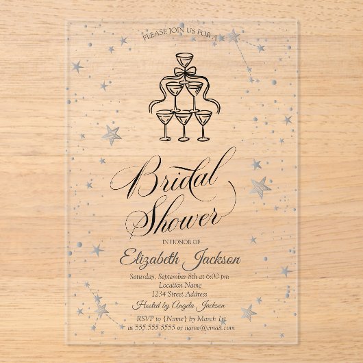 Champagneglazen Gold Stars Vrijgezellenfeest Acryl Uitnodigingen (Voorkant)