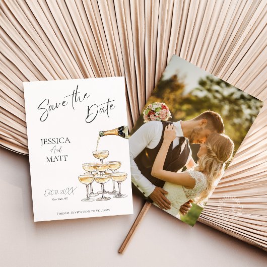 Champagneglazen toren met foto save the date