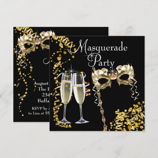 Champagnemasker Black Gold Masquerade Party Kaart (Voorkant / Achterkant)