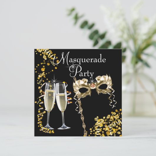 Champagnemasker Black Gold Masquerade Party Kaart (Staand voorkant)