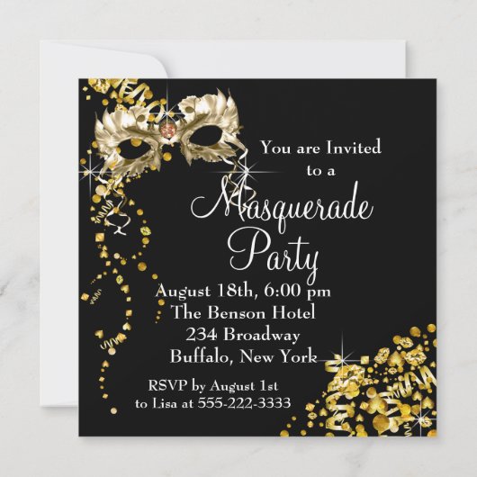 Champagnemasker Black Gold Masquerade Party Kaart (Achterkant)