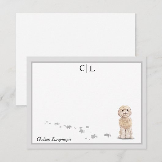 Champaign Cockapoo Dog Gray Border Monogram Naam Notitiekaartje (Voorkant / Achterkant)