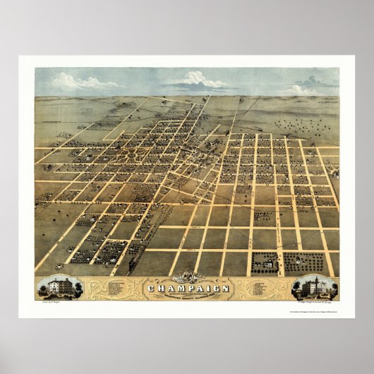 Champaign, IL Panoramic Map - 1869 Poster (Voorkant)