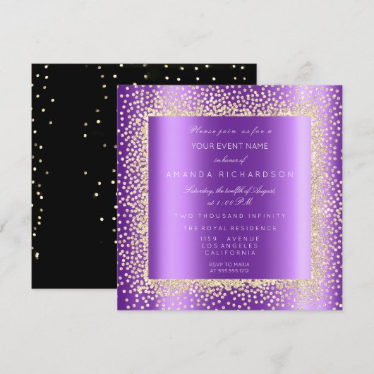 Champaigne Gold Glitter Black Confetti Paars Plum Kaart (Voorkant / Achterkant)
