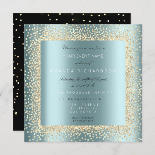 Champaigne Gold Glitter Zwart Aqua Blue Confett Kaart (Voorkant / Achterkant)