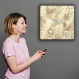 Champaigne Gold Tropical Leafs Botanical Metallic Vierkante Klok