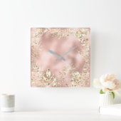 Champaigne Gold Tropical Leafs Floral Metal Pink Vierkante Klok (Huis)